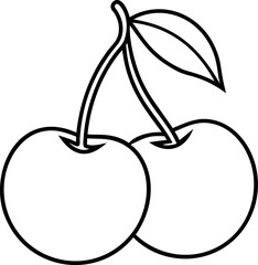 Line drawing of two cherries with a leaf on a white background
