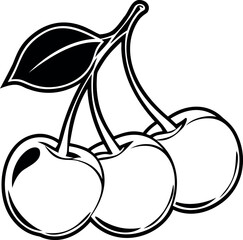 Black and white vector drawing of three cherries with a leaf