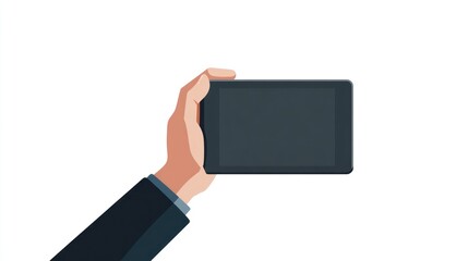 A hand in a business suit holds a dark-colored tablet horizontally, showcasing a blank screen against a white backdrop