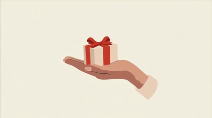A hand gently cradles a small, off-white gift box adorned with a vibrant red bow, set against a muted beige backdrop