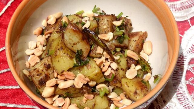 Navratri fasting vrat food boiled potato and peanut dish. 