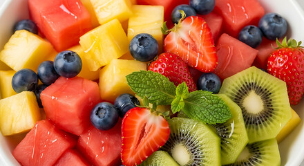 A colorful fruit salad with watermelon, pineapple, blueberries, strawberries, and kiwi slices, garnished with mint leaves and a white bowl.