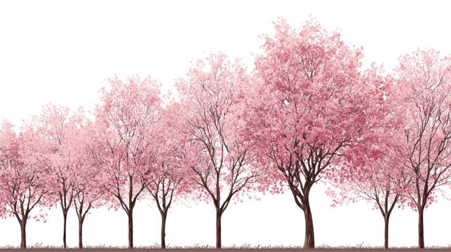 A row of blossoming pink trees against a white background, their branches laden with delicate flowers, creating a serene and idyllic scene
