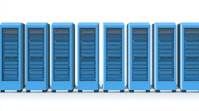A row of light blue data servers against a white background