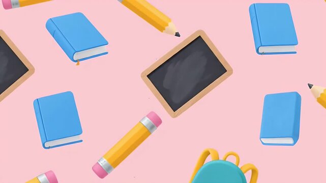 Seamless pattern of school supplies: books, pencils, chalkboard, and backpack on a pink background.