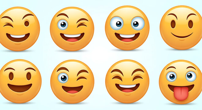 A collection of eight smiling emoji faces, each displaying a different expression.
