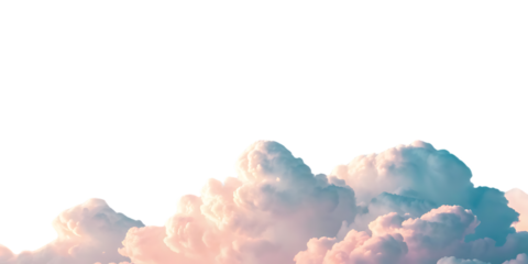 Fluffy cumulus clouds with gentle pink and blue hues creating serene atmospheric scene, isolated on a transparent background