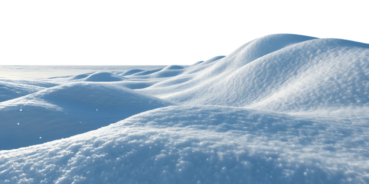 Multiple snow dunes showcase varying heights and contours with crystalline surface textures throughout composition, isolated on a transparent background