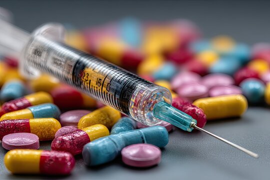 Medical syringe and colorful pills