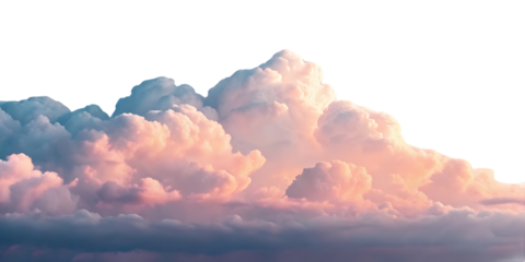 Towering cumulus clouds bathed in warm golden and pink sunset lighting against clear sky, isolated on a transparent background