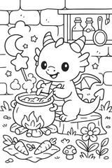 Fototapeta premium Cute baby dragon stirring potion in cauldron with magic wand illustration