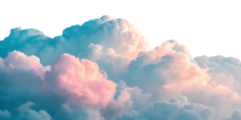 Realistic cumulus clouds with pink and blue tinting from atmospheric lighting conditions above, isolated on a transparent background