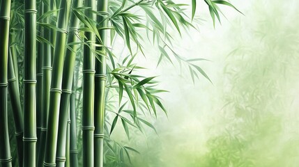 Lush green bamboo grove with soft lighting.