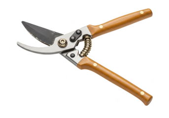 A pair of sharp metal pruning shears with brown wooden handles, isolated on a transparent background, used for gardening and trimming branches
