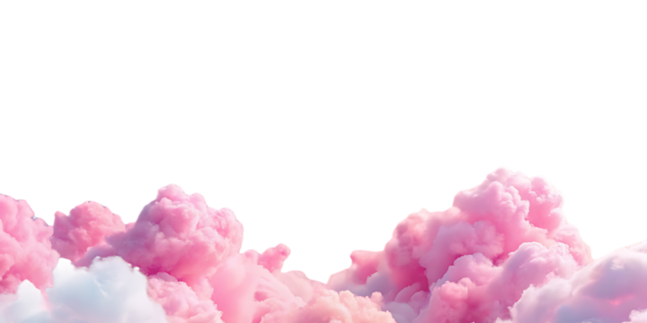 Soft pink and purple watercolor clouds floating dreamily across a white sky, isolated on a transparent background