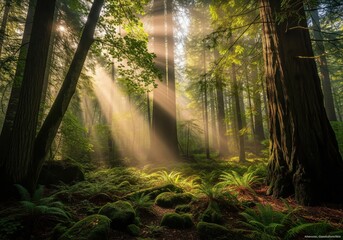 Obraz premium Forest waterfall surrounded by trees and mist in sunlight