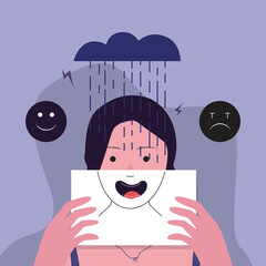 A powerful illustration of "smiling depression." A woman holds a smiling mask over her face, while a dark cloud and rain above her head symbolize hidden sadness and internal suffering