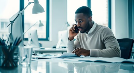 Focused african american businessman talking on his mobile phone at his desk in a modern office environment, looking serious