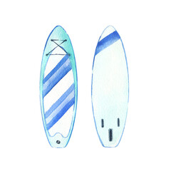 watercolor inflatable paddleboard stands, two different blue boards, hand drawn illustration of bright stand up paddle board, SUP, water sport equipment, sketch of summer vacation on sea, ocean