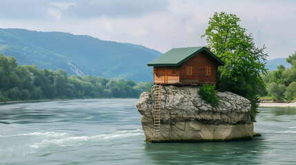 Drina river house in Serbia. A solitary wooden house stands on a rock in the middle of a calm river. A solitary wooden house perched on a sizable rock in the middle of a gentle river, surrounded by lu