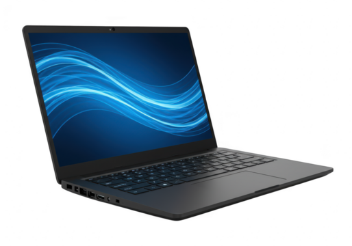 Modern black laptop computer with a sleek design and a blue wavy graphic on its screen, isolated on a transparent background, representing technology and productivity