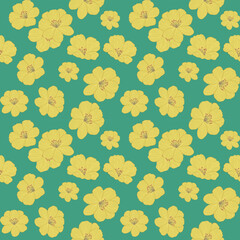 Beautiful seamless floral pattern featuring bright yellow blossoms on a fresh green background. Perfect for textile prints, wrapping paper, wallpaper, stationery, and decorative design projects.