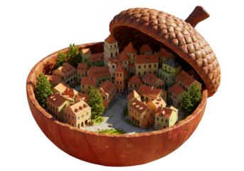 A miniature town nestled inside a large acorn, creating a whimsical and imaginative scene, isolated on transparent background
