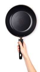 Hand holding a black frying pan