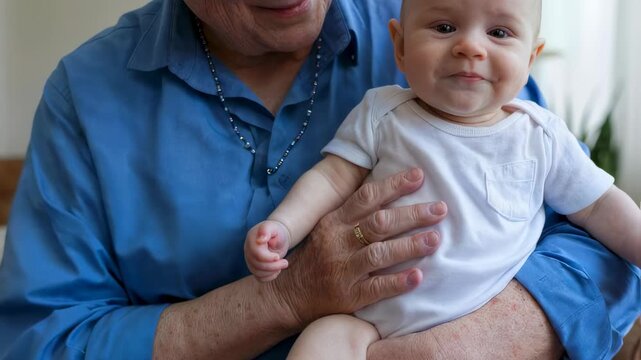 Grandparents day celebration with a happy woman holding a baby boy. Multi generational family portrait and video greeting card footage.