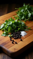 Rustic wooden cutting board with chopped herbs, peppercorns, and salt under moody dramatic lighting