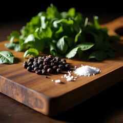 Rustic wooden cutting board with chopped herbs, peppercorns, and salt under moody dramatic lighting
