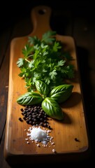 Rustic wooden cutting board with chopped herbs, peppercorns, and salt under moody dramatic lighting