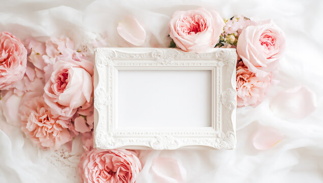 Elegant white frame surrounded by pink roses and petals isolated on white background, perfect for wedding or romantic theme