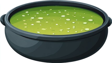 A cartoon illustration of a cauldron filled with bubbling, bright green liquid, possibly a potion or soup.  The cauldron is dark gray and has two small handles