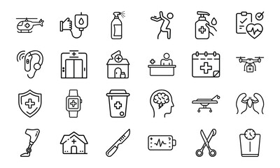 Medical Healthcare Line Icons Bundle Hospital Equipment, Doctor Tools, Patient Care, Emergency Services, Surgery, Pharmacy, First Aid, and Medicine Vector Pack