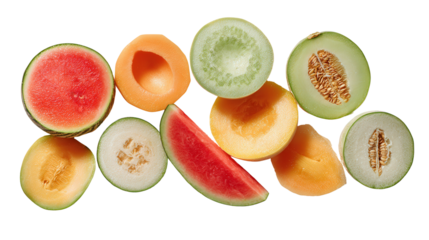 Freshly Cut Melons: A flat lay of freshly cut melons like watermelon, cantaloupe, and honeydew, isolated on a Transparent background, PNG file.