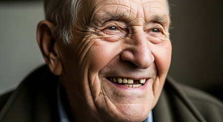 Close-up portrait of a smiling, elderly man, showing wrinkles and age, conveying happiness and contentment.