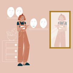 An illustration of a woman looking at her reflection, confused while choosing a mask with a different emotion (happy, sad, angry) from a shelf