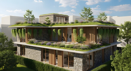 Obraz premium Modern house with green roof and stone facade on a sunny day