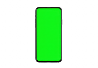 Modern smartphone with a vibrant green screen, isolated on a clean transparent background, representing technology and communication