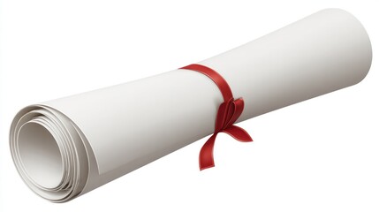 Rolled white parchment tied with a red ribbon, suggesting a diploma or certificate, isolated on a white background