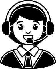 Black and white vector graphic of smiling customer service representative