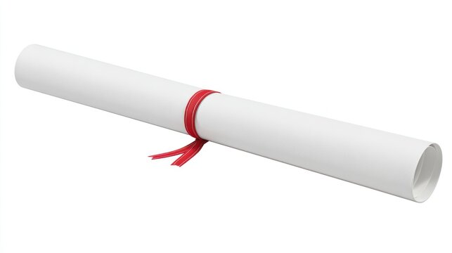 A rolled-up white document secured with a red ribbon, isolated on a white background.  It suggests a certificate or diploma
