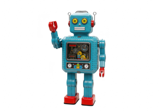 A vintage blue tin windup robot toy with red accents, waving its hand, isolated on a transparent background