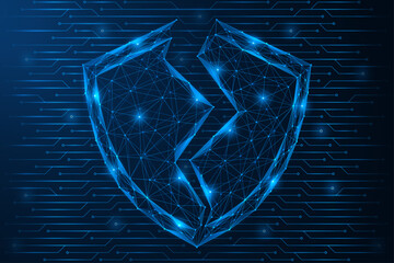 Digital vulnerability of systems. A shield that is split into two parts on the background of the tracks of the board. A symbol of cyber threats, security breaches, and cybersecurity breaches.