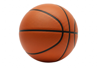 A closeup studio shot of a textured orange basketball with black seams, isolated on a transparent background, ready for a game