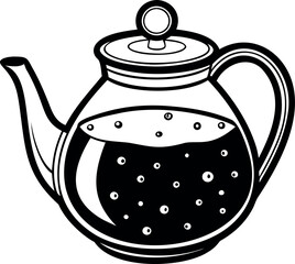 Stylized Black and White Illustration of a Teapot Filled with Liquid