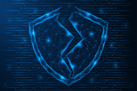 Digital vulnerability of systems. A shield that is split into two parts on the background of the tracks of the board. A symbol of cyber threats, security breaches, and cybersecurity breaches.