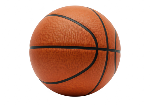A closeup studio shot of a textured orange basketball with black seams, isolated on a transparent background, ready for a game