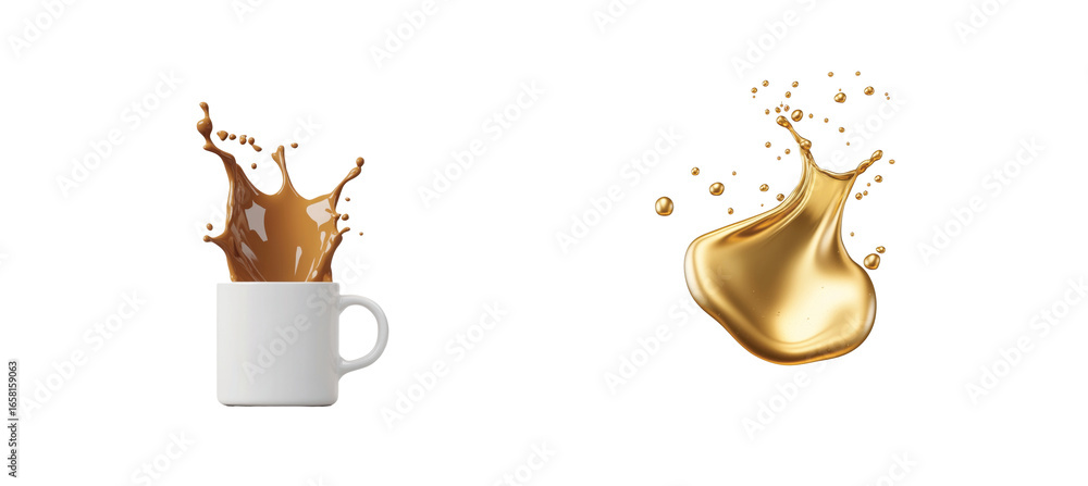 Poster 3d coffee splashes from cups in motion with varying shapes 3d